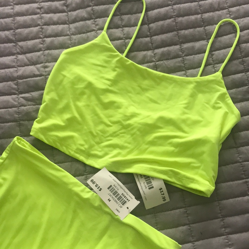 Neon green yellow pencil skirt tank top set Medium